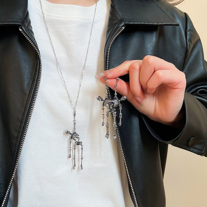 Dark Gothic Alloy Skull Bone Tassel Stud Earrings And Necklace Jewelry Set