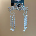 Court Style Bow Tassel Drop Earrings With Zircon Accents And Faux Pearl Dangles view 4