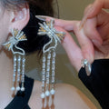 Court Style Bow Tassel Drop Earrings With Zircon Accents And Faux Pearl Dangles view 3