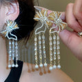 Court Style Bow Tassel Drop Earrings With Zircon Accents And Faux Pearl Dangles view 1
