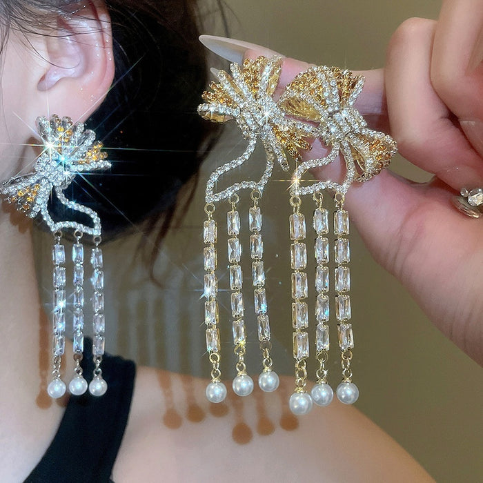 Court Style Bow Tassel Drop Earrings With Zircon Accents And Faux Pearl Dangles