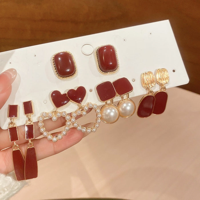 Light Luxury Heart Resin Pearl Earrings Jewelry Set With Silver Needle Vintage Ear Studs