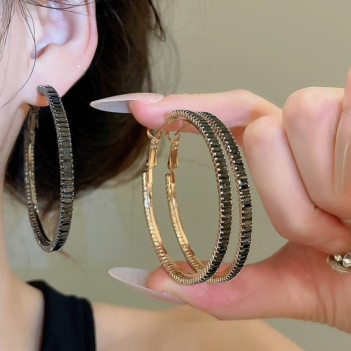 Light Luxury Copper Zircon Round Hoop Earrings With Silver Posts Geometric European Statement Style