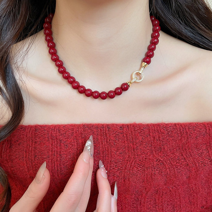 Old Money Style Acrylic Beaded Necklace With Zircon Round Pendant Vintage Chinese Choker