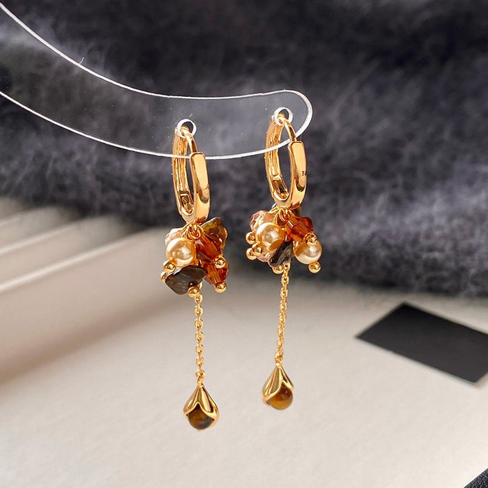 Light Luxury Tiger Eye Stone Faux Pearl Tassel Geometric Round Drop Earrings For Women