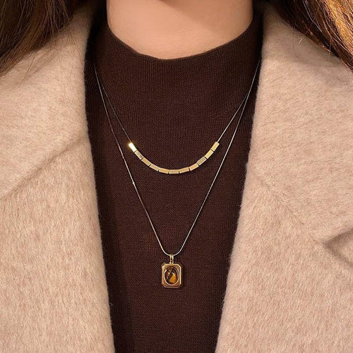 Gold Plated Copper Tiger Eye Square Pendant Necklace Vintage Maillard Geometric Choker
