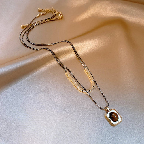 Gold Plated Copper Tiger Eye Square Pendant Necklace Vintage Maillard Geometric Choker