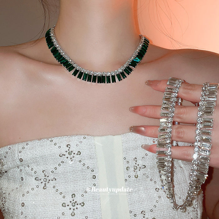 Light Luxury Copper Rhinestone Rectangle Tassel Clavicle Necklace With Geometric Pendant