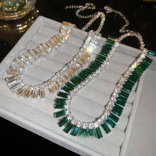 Light Luxury Copper Rhinestone Rectangle Tassel Clavicle Necklace With Geometric Pendant