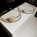 Elegant Zircon Flower Double Layer Open Copper Bangle Light Luxury Designer Bracelet view 2