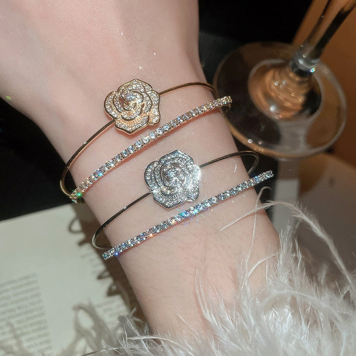 Elegant Zircon Flower Double Layer Open Copper Bangle Light Luxury Designer Bracelet