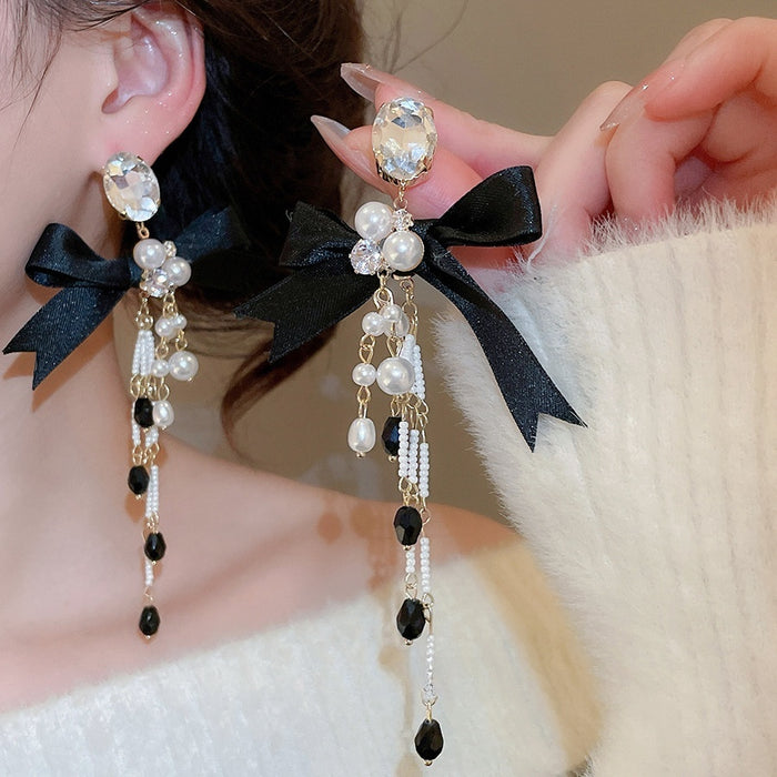 Light Luxury Rhinestone Bow Faux Pearl Tassel Drop Earrings With Silver Posts