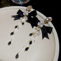 Light Luxury Rhinestone Bow Faux Pearl Tassel Drop Earrings With Silver Posts view 2