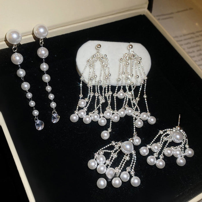 Vintage Elegant Faux Pearl Zircon Teardrop Tassel Drop Earrings For Women