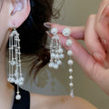 Vintage Elegant Faux Pearl Zircon Teardrop Tassel Drop Earrings For Women view 2