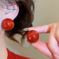 Red Enamel Resin Geometric Round Stud Earrings With Silver Pins, Modern Retro Light Luxury Style view 4