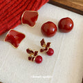 Red Enamel Resin Geometric Round Stud Earrings With Silver Pins, Modern Retro Light Luxury Style view 1