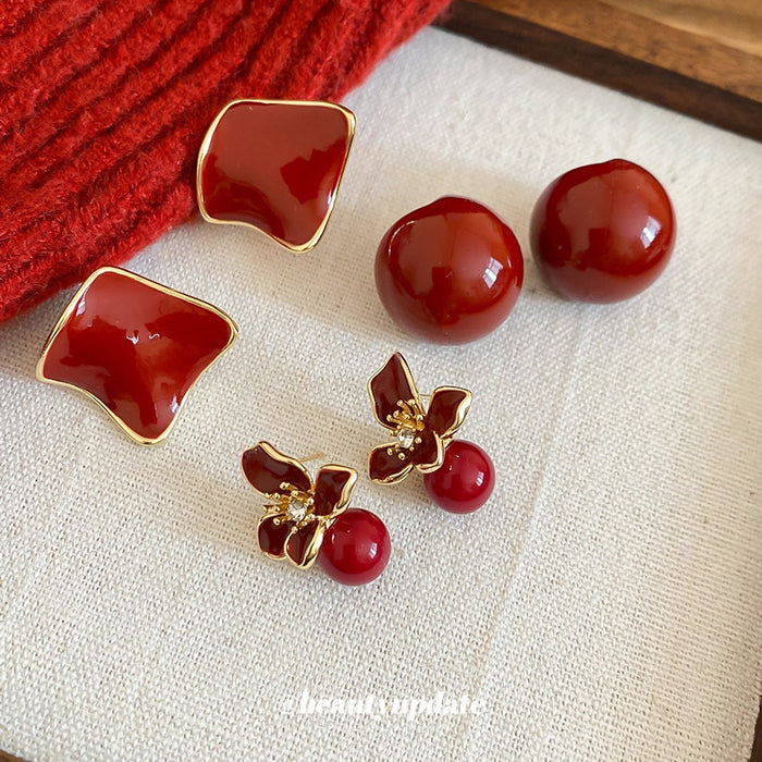 Red Enamel Resin Geometric Round Stud Earrings With Silver Pins, Modern Retro Light Luxury Style