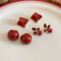 Red Enamel Resin Geometric Round Stud Earrings With Silver Pins, Modern Retro Light Luxury Style view 3