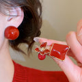Red Enamel Resin Geometric Round Stud Earrings With Silver Pins, Modern Retro Light Luxury Style view 2
