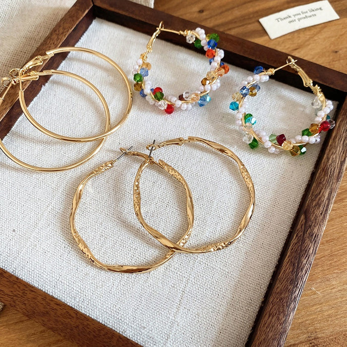 Old Money Style Faux Pearl Wrapped Geometric Circle Hoop Earrings With Silver Pins