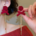 Light Luxury Flocked Bow Crystal Tassel Flower Drop Earrings With Silver Pins view 1