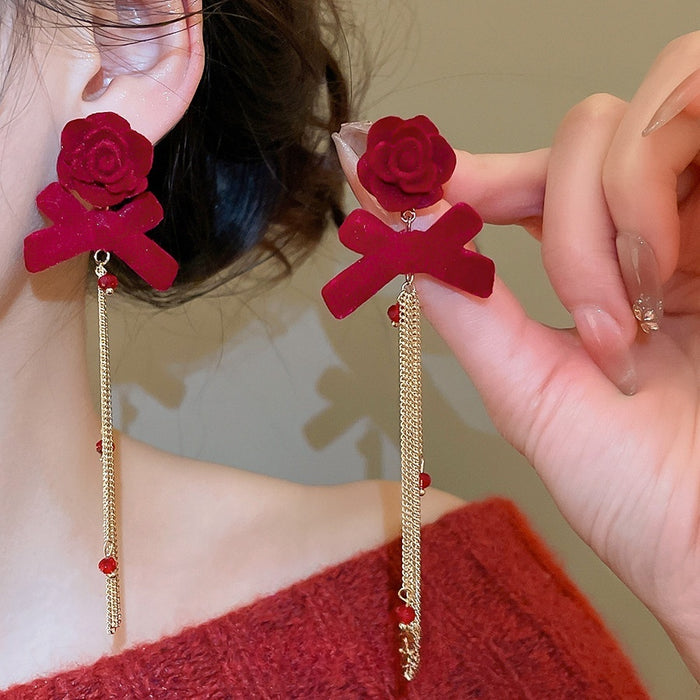 Light Luxury Flocked Bow Crystal Tassel Flower Drop Earrings With Silver Pins