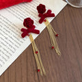 Light Luxury Flocked Bow Crystal Tassel Flower Drop Earrings With Silver Pins view 2