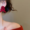 Light Luxury Flocked Bow Crystal Tassel Flower Drop Earrings With Silver Pins view 3
