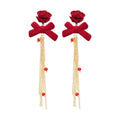 Light Luxury Flocked Bow Crystal Tassel Flower Drop Earrings With Silver Pins view 5
