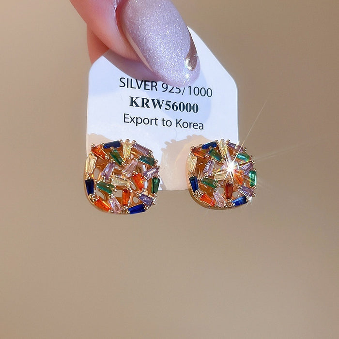 Gold Plated Copper Square Zircon Stud Earrings With Silver Posts Light Luxury Geometric Jewelry