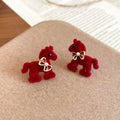 Light Luxury Red Enamel Horse Bow Stud Earrings Alloy Silver Needle Retro Zodiac Jewelry view 4