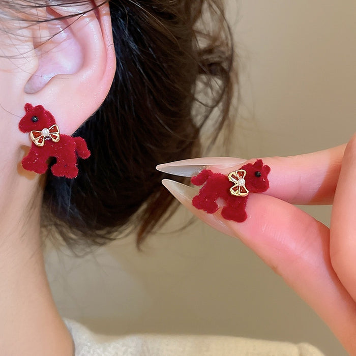 Light Luxury Red Enamel Horse Bow Stud Earrings Alloy Silver Needle Retro Zodiac Jewelry