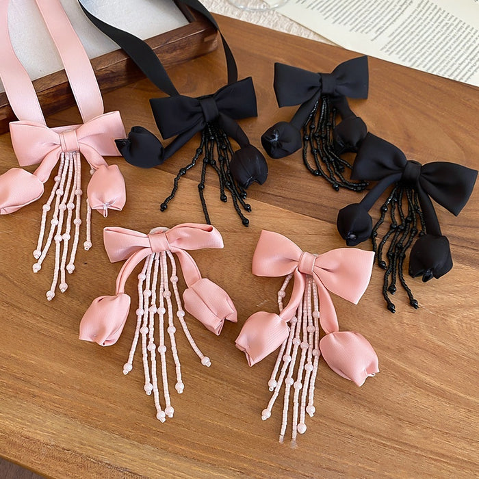 Fabric Bow Flower Crystal Tassel Necklace Earrings Jewelry Set Light Luxury Elegant Accessories