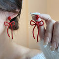 Elegant French Red Enamel Bow Stud Earrings, Light Luxury Alloy Heart Drop New Year Fashion Earrings view 2
