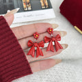 Elegant French Red Enamel Bow Stud Earrings, Light Luxury Alloy Heart Drop New Year Fashion Earrings view 4