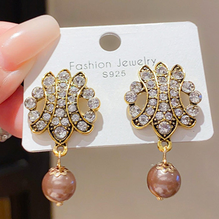 French Vintage Twisted Hollow Round Faux Pearl Stud Earrings With Silver Pins