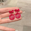 Red Fu Character Alloy Stud Earrings With Silver Pins, New Chinese Light Luxury Style view 1