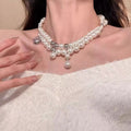 French Vintage Faux Pearl Zircon Crystal Beaded Geometric Round Collarbone Necklace view 1