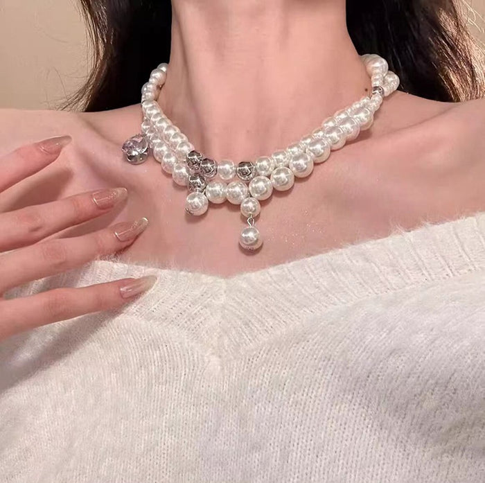 French Vintage Faux Pearl Zircon Crystal Beaded Geometric Round Collarbone Necklace