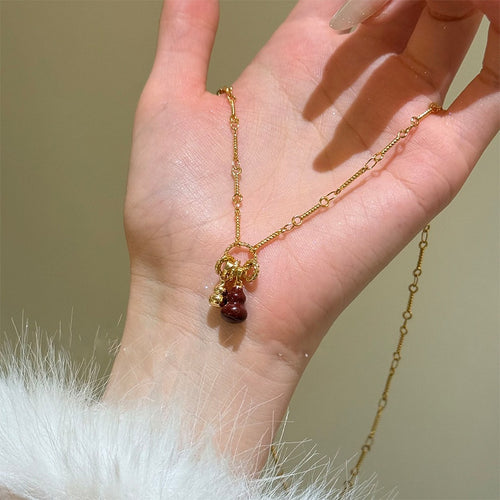 Gold Plated Copper Gourd Pendant Necklace Elegant Chinese Style Collarbone Chain