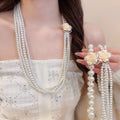 Rhinestone Flower Layered Faux Pearl Sweater Necklace French Vintage Old Money Collarbone Chain view 2