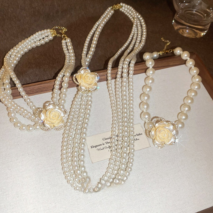 Rhinestone Flower Layered Faux Pearl Sweater Necklace French Vintage Old Money Collarbone Chain