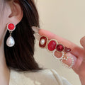 Red Heart Faux Pearl Stud Earrings Jewelry Set With Silver Post Vintage Light Luxury Style view 2