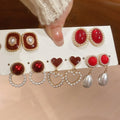 Red Heart Faux Pearl Stud Earrings Jewelry Set With Silver Post Vintage Light Luxury Style view 3