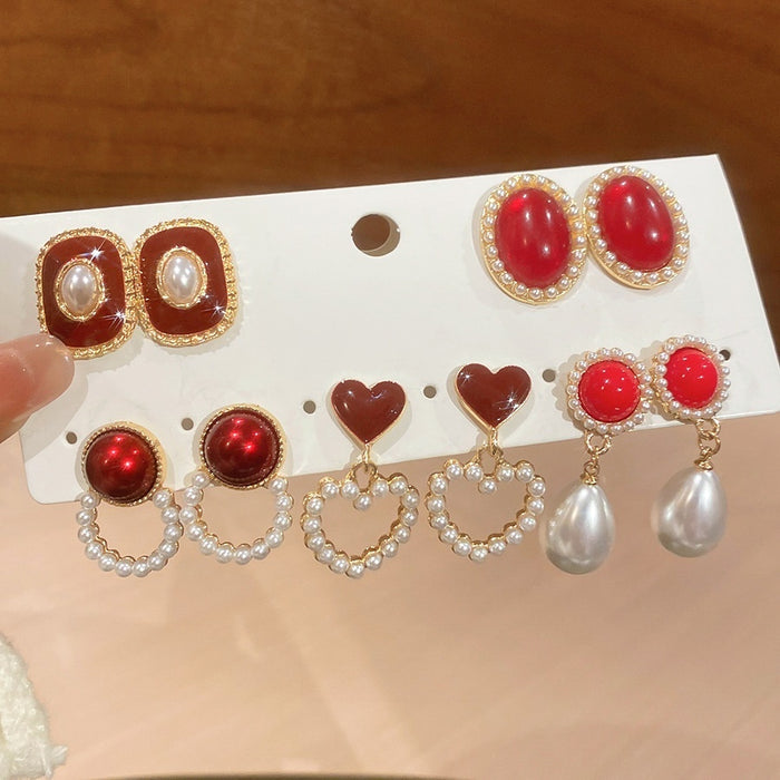 Red Heart Faux Pearl Stud Earrings Jewelry Set With Silver Post Vintage Light Luxury Style
