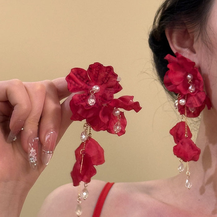 Light Luxury Artificial Crystal Flower Waterdrop Tassel Drop Earrings With Silver Posts