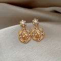 Vintage Palace Style Gold Plated Silver Post Zircon Flower Faux Pearl Oval Stud Earrings view 1