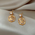 Vintage Palace Style Gold Plated Silver Post Zircon Flower Faux Pearl Oval Stud Earrings view 3