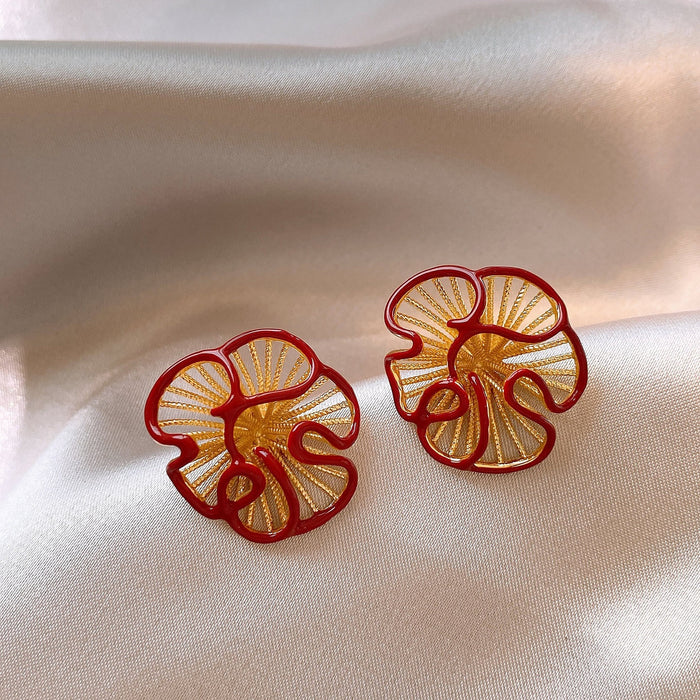 Gold Plated Copper Enamel Flower Stud Earrings With Silver Pins, Vintage Elegant Light Luxury Jewelry
